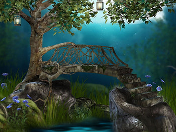 A bridge to nowhere, bridge, lantern, creek, tree HD wallpaper