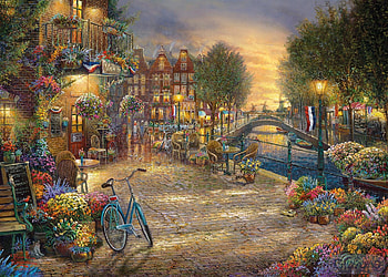 :), thomas kinkade, art, painting, pictura, bike, street, water, sunset HD wallpaper