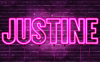 Happy Birtay Justine, , pink neon lights, Justine name, creative, Justine Happy Birtay, JustineBirtay, popular french female names, with Justine name, Justine HD wallpaper