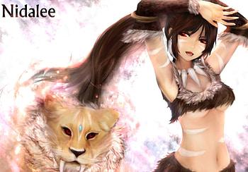 Nidalee, animal, games, tiger, red eyes, feline, long hair, saber tooth tiger, league of legends, video games, brown hair, female HD wallpaper