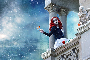 Juliet ~ Winter on the balcony, blue, winter, white, frumusete, bird, pasare, balcony, christabellelamort, fantasy, iarna, juliet, redhead, luminos, ice HD wallpaper
