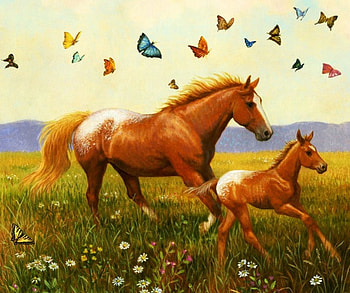 Mare with Foal, artwork, butterflies, horses, painting, meadow, flowers, gallopping HD wallpaper