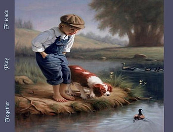 Together play friends, dog, ducks, children, duck family, nature, tree, pond HD wallpaper