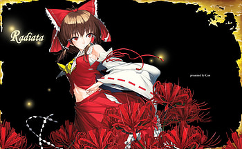 Reimu, black, cute, long hair, abstract, flower, female, bow, sexy, hakurei reimu, red eye, hot, girl, dark, anime girl, anime, red, brown hair, touhou HD wallpaper