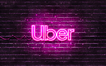 Uber purple logo, , purple brickwall, Uber logo, brands, Uber neon logo, Uber HD wallpaper