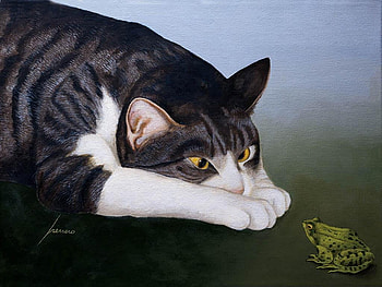 kitty and the frog, cat, frog, watching, painting HD wallpaper