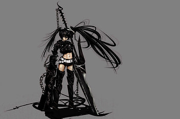 Insane Black Rock Shooter, games, kuroi mato, cute, ibrs, long hair, cannon, female, shorts, grey background, mato kuroi, scars, girl, weapons, black hair, brs black rock shooter, swords, anime, video games, belt, chains, solo HD wallpaper