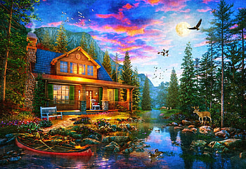 Moonlit Cabin Retreat, artwork, river, boat, painting, trees, sky, forest, stones HD wallpaper