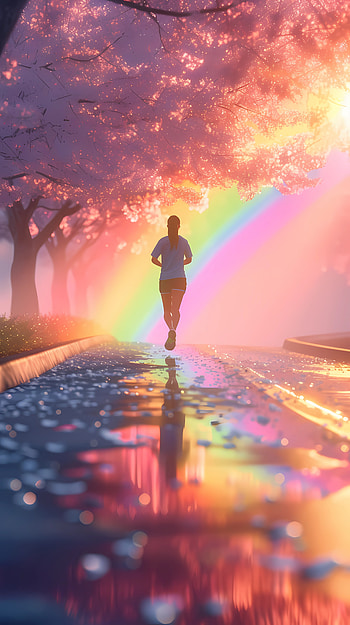 Rainbow cherry blossoms run, jogging, cherry blossom, rainbow, Sports HD phone wallpaper