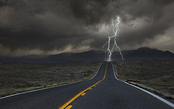 Gray and orange, Road way, Struck by lightning HD wallpaper