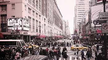 34th street in manhattan, traffic, stores, city, street, people HD wallpaper