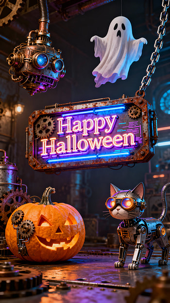 Happy Halloween Neon | Steampunk Spooky | Pumpkin & Robot Cat, jack-o'-lantern, ghost HD phone wallpaper