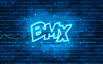 BMX blue logo, , blue brickwall, BMX logo, brands, BMX neon logo, BMX HD wallpaper