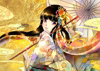 Girl with parasol, girl, 0c, anime, yellow, parasol, manga HD wallpaper