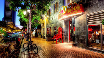 chinese restaurant in san diego r, restaurant, city, sidewalk, entrance, street, r HD wallpaper