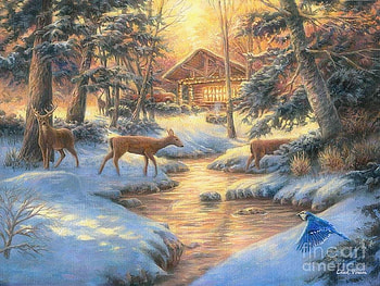 Drifting Through, holidays, winter, forests, paintings, love four seasons, Christmas, villages, snow, deer, cabins, nature, xmas and new year, rivers HD wallpaper