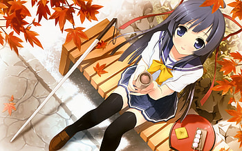 Anime, Food, Autumn, Girl, Bench HD wallpaper