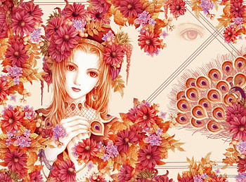 Old fashion, orange hair, sample, sheets, orange eyes, beauty, feather, face, flowers, women, peacock HD wallpaper