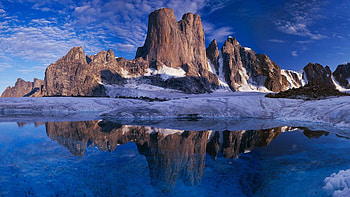 The Trango Towers are a family of rock towers situated in Gilgit-Baltistan, in the north of Pakistan, peaks, clouds, sky, water, reflections HD wallpaper