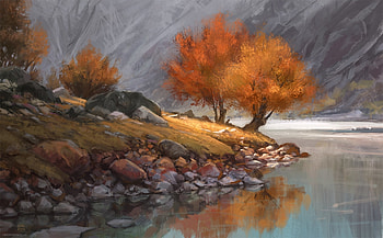 Mountain, People, Alone, River, Lake, Painting, Artistic, Landscape, Beach, Fall, Tree HD wallpaper