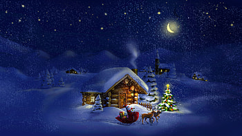 Christmas Night, House, Snow, Moon, Trees, Santa claus, Sky HD wallpaper