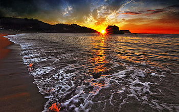 Nature, Mountains, Sun, Beams, Rays, Ocean, Foam HD wallpaper