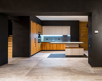 Sleek and spacious kitchen with wooden cabinets in contemporary style. HD wallpaper