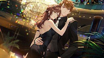Yellow Red Eyes Anime Couple Wearing Black Dress Lights Background Anime Couple HD wallpaper