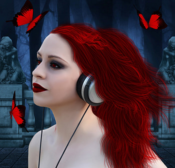 ✫My Music✫, colorful, emotional, attractive, colors, digital art, butterflies, music, animals, bright, female, model, beautiful, fantasy, pretty, manipulation, red, girls, women, redhead, lovely, hair, head HD wallpaper