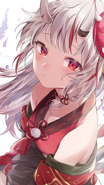 mask, horns, white hair, red eyes, hololive, Nakiri Ayame, Anime, Virtual Youtuber HD phone wallpaper