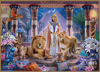 Egyptian Princess, digital, art, palace, pillars, lions, woman HD wallpaper