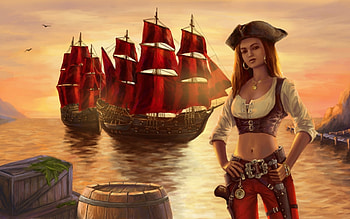 Pirate girl, sea, summer, ship, pirate, fantasy, girl, orange, water HD wallpaper