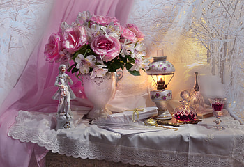 Still life, Roses, Flowers, Curtain, Napkin, Lamp HD wallpaper