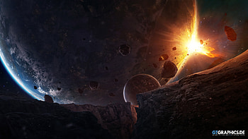 Sudden Encounter, planets, cg, 3d, asteroids, render, space, moons HD wallpaper