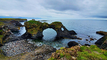 Gatklettur Arches, Arnarstapi, Snaefellsnes peninsula, Iceland, clouds, sea, sky, rocks, coast HD wallpaper