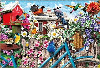 Gathering for Spring, bicycle, birds, painting, blossoms, fence, garden, flowers HD wallpaper