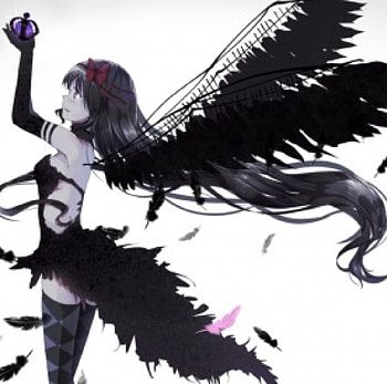 Madoka Magica, black, feathers, cute, ribbons, angel, long hair, dress, beauty, lady, female, sweet, white, magic, art, girl, beautiful, woman, purple, jewel, pink, anime, lovely HD wallpaper