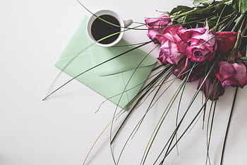 Top view of coffee cup, roses, and envelope on white background, perfect for romance themes. HD wallpaper