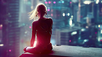 Cyberpunk Girl On Rooftop Ledge, cyberpunk, scifi, artist, artwork, digital-art HD wallpaper