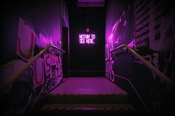 Dramatic neon-lit staircase with a unique illuminated sign creating an urban vibe. HD wallpaper