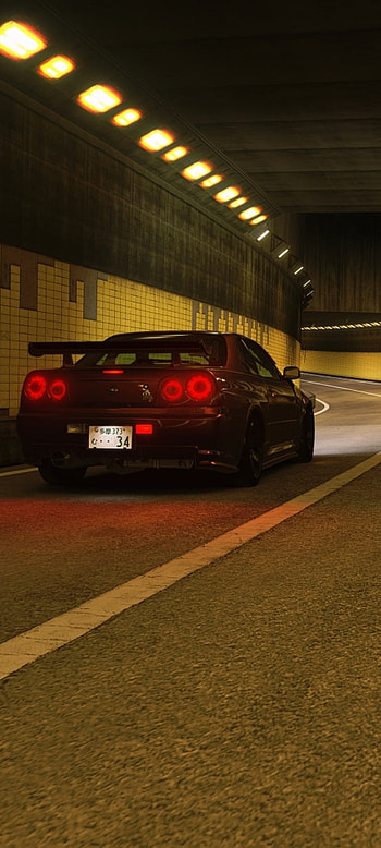 Nissan Skyline R34 GTR, automotive lighting, skyline gtr, car, assetto corsa, night, mbd_design, shuto expressway, tunnel, midnight purple HD phone wallpaper
