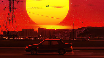 Retrosun, retro, outrun, cat, artist, artwork, digital-art HD wallpaper