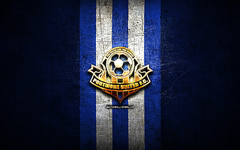 Portmore United FC, golden logo, Jamaica Premier League, blue metal background, football, jamaican football club, Portmore United logo, soccer, Portmore United HD wallpaper