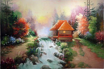 Painting, painting a beautiful , colorful leaves, fountain, bridge, flowers HD wallpaper