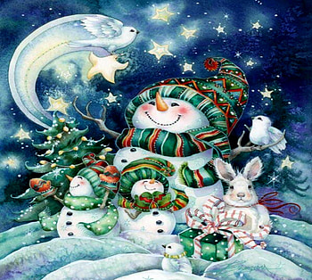 Snow Man In Green And White, White, Snow man, Green, Stars, Snow, Hats, Birds HD wallpaper