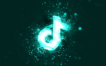 TikTok turquoise logo, , turquoise neon lights, creative, turquoise abstract background, TikTok logo, social network, TikTok HD wallpaper