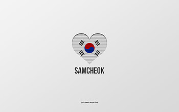 I Love Samcheok, South Korean cities, Day of Samcheok, gray background, Samcheok, South Korea, South Korean flag heart, favorite cities, Love Samcheok HD wallpaper