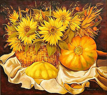 Still life two, still life, painting, art, yellow, flower HD wallpaper