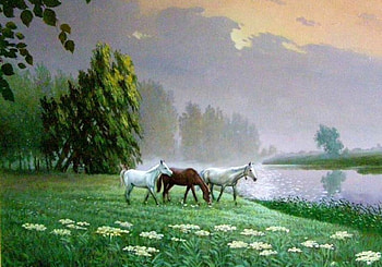 Litvinenko Gennady. foggy Morning, animal, horse, painting, litvinenko gennady, art, nature, grass HD wallpaper