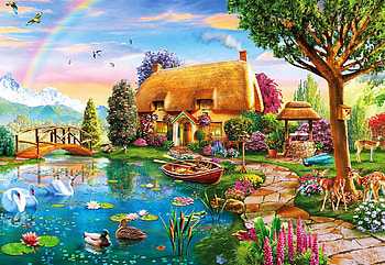 Lakeside Cottage, ducks, swans, rainbow, painting, deer, trees, flowers, pond, bridge HD wallpaper